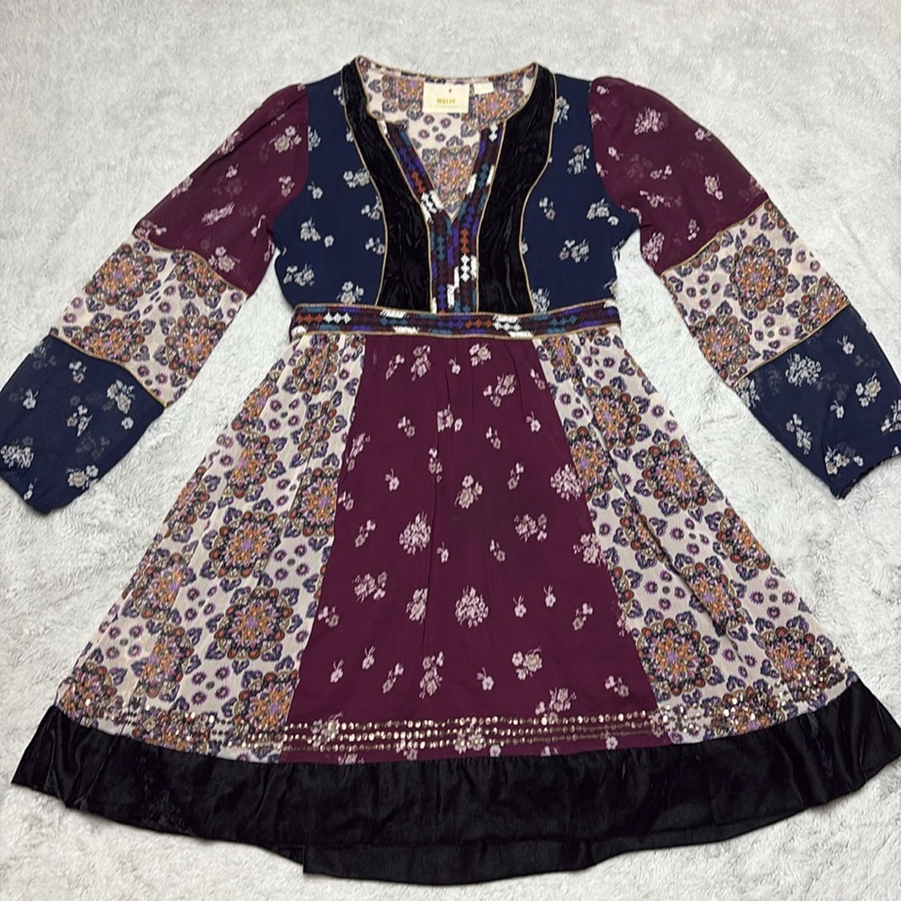 Anthropologie Maeve Quartier Dress Patchwork Renaissance Boho Artsy Party XS
